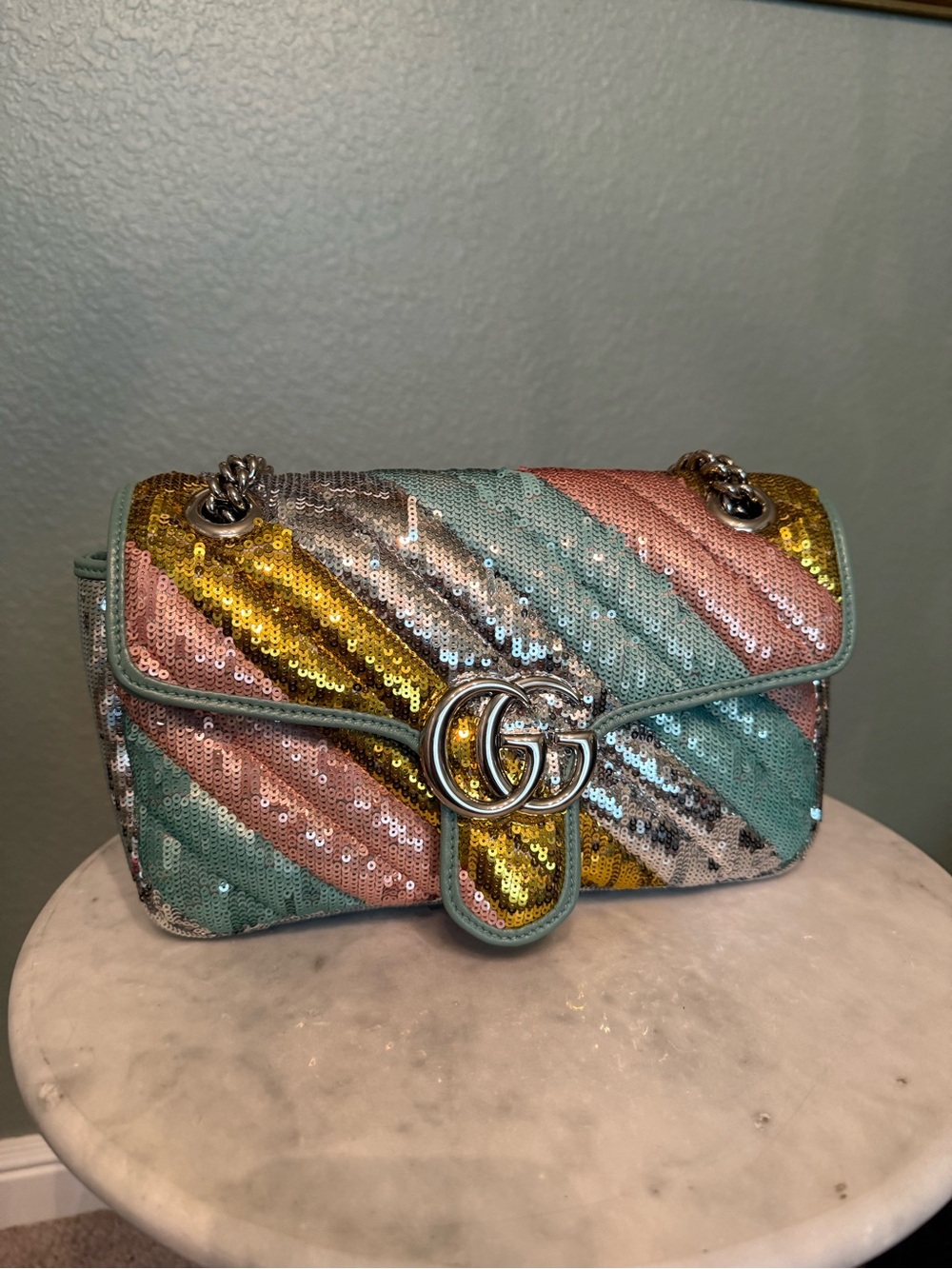 Gucci Marmont Sequin GG Shoulder Bag in Teal, Pink, Gold, Silver